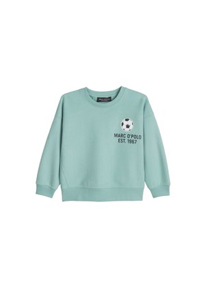 Sweatshirt bleu clair avec un petit ballon de football noir et blanc et le texte "MARC O'POLO EST. 1967" sur la poitrine gauche.
