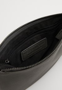 Pochette nera con zip realizzata in materiale liscio; presenta un morbido rivestimento interno e una piccola etichetta con il marchio visibile all'interno.