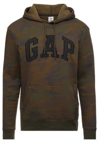 Felpa con cappuccio in verde mimetico con logo "GAP" nero, realizzata in tessuto morbido, dotata di tasca frontale e polsini a costine.