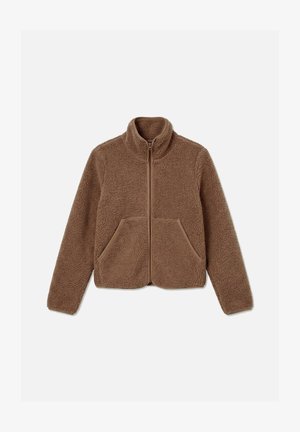 Veste en polaire marron à fermeture éclair intégrale avec col montant et deux poches avant, présentée à plat sur un fond blanc.