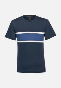 Camiseta de manga corta azul marino con rayas horizontales blancas y azules en el pecho y cuello redondo. Material de algodón suave.