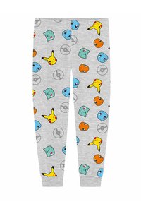 Gray pants patterned with colorful heads of Pikachu, Bulbasaur, Charmander, Squirtle, and black-and-white Poké Balls.