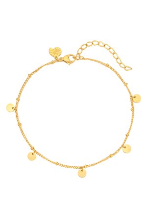 Delicado brazalete de cadena de oro con pequeños dijes redondos en forma de disco espaciados uniformemente y un cierre ajustable con un dije en forma de corazón.