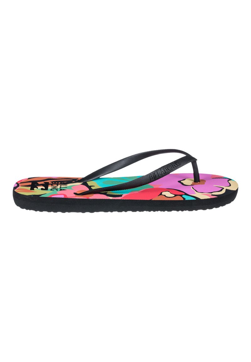 Schwarze Flip-Flops mit strukturiertem Sohlen; lebhaftes, mehrfarbiges Blumenmuster auf der Innensohle; dünne schwarze Riemen für einen sicheren Sitz.