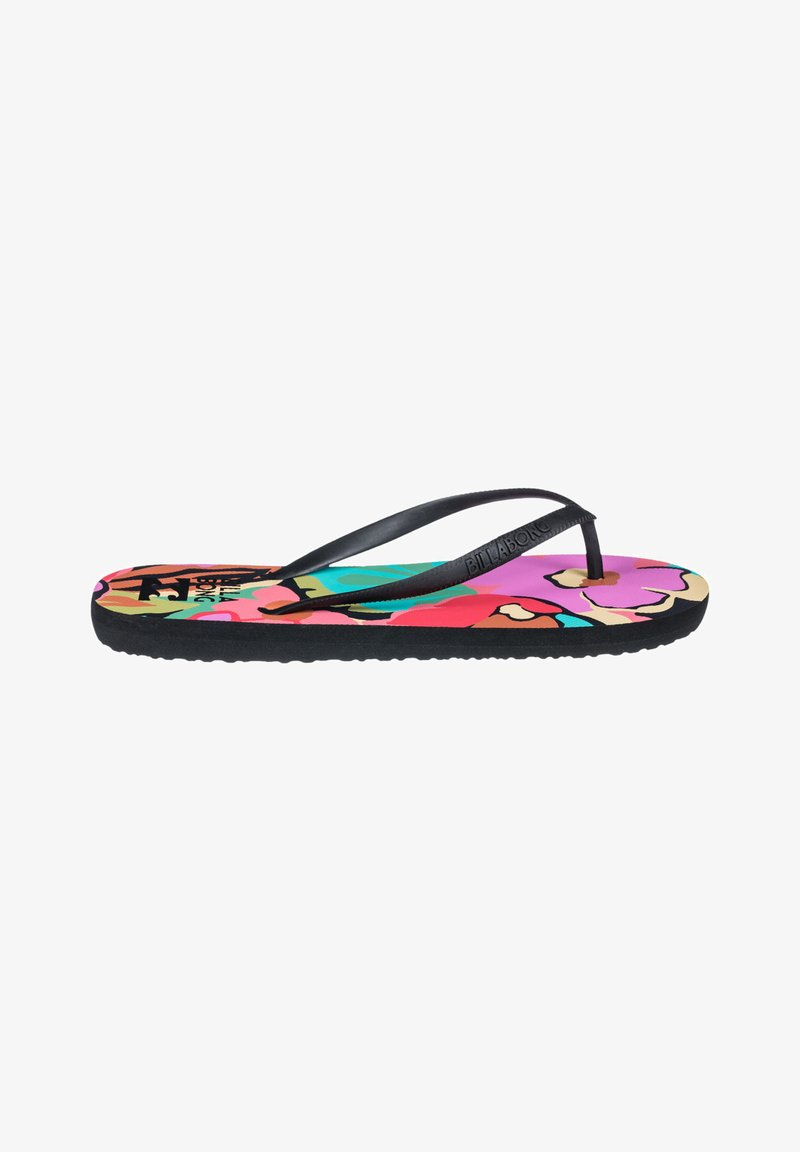 Black flip-flop with a textured sole; vibrant, multi-colored floral pattern on the footbed; thin black straps for secure fit.