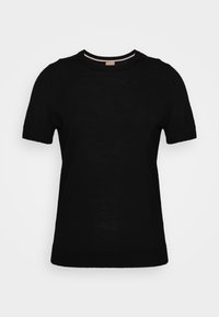 T-shirt nera a maniche corte con collo rotondo, texture liscia e design semplice. Nessun motivo o decorazione visibile.