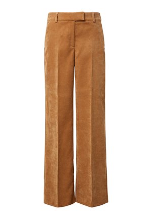 Straight-leg brown corduroy trousers with belt loops and front crease detailing.
