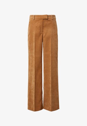 Braune Cordhosen mit geradem Bein, Gürtelschlaufen und vorderen Bügelfalten.