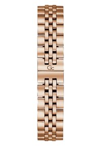 Banda de reloj metálica en oro rosa con un diseño tejido, eslabones texturizados y un acento de logotipo. Acabado suave con una forma uniforme.