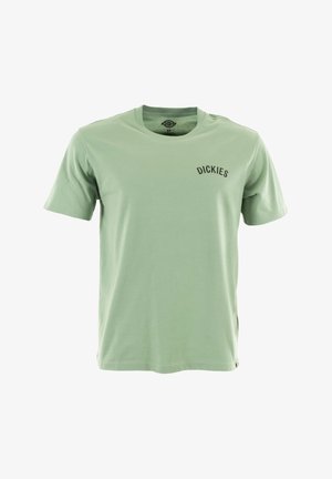 Camiseta de algodón verde claro con mangas cortas. Presenta un pequeño logo negro de "DICKIES" en el pecho. Diseño sencillo y textura suave.