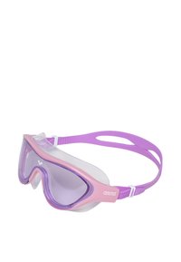 Paarse en roze zwembril met een heldere lens, flexibel siliconen frame, verstelbare band en zachte cushioning rondom de ogen.