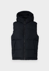 Czarna puchowa kamizelka z kapturem, zapinana na zamek z przodu, z dwoma bocznymi kieszeniami, charakteryzująca się pikowaną teksturą i gładkim wykończeniem.