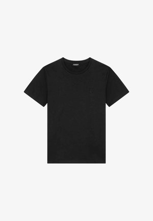 Maglietta nera in cotone con maniche corte, collo rotondo e un piccolo logo tonale sul petto. Texture liscia, vestibilità classica.