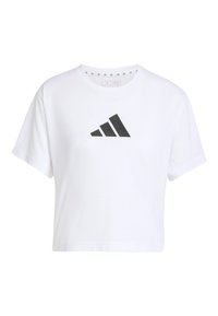 Camiseta corta de algodón blanco con mangas cortas y el logo negro de Adidas impreso en el frente. Diseño sencillo y limpio con cuello redondo.