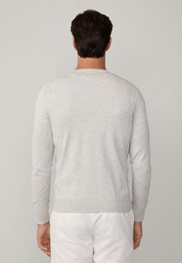 Hellgrauer Rundhalsausschnitt-Pullover aus weichem Strickstoff. Mit langen Ärmeln, geripptem Saum und nahtlosem Rückendesign.