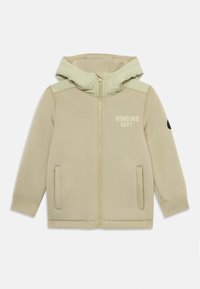 Light green zip-up hoodie made of soft fabric, featuring a high collar, side pockets, and "VINGINO DEPT." logo on the chest.