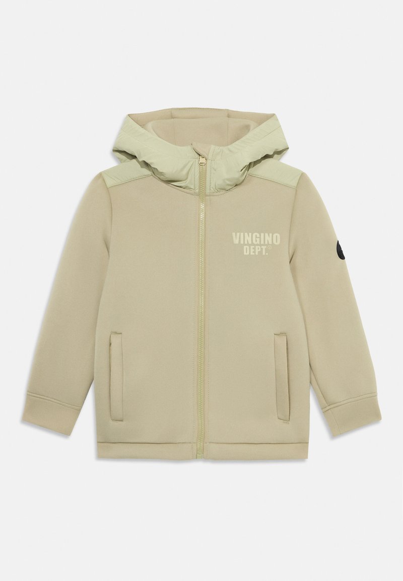 Light green zip-up hoodie made of soft fabric, featuring a high collar, side pockets, and "VINGINO DEPT." logo on the chest.