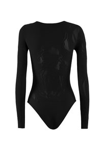 Svart långärmad bodysuit med ett strukturerat blommönster, med en rund halsringning och en åtsittande silhuett. Slät tygfinish.
