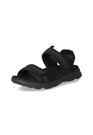 Schwarze sportliche Sandalen mit Klettverschlüssen, leichtem Design, gepolstertem Fußbett und strukturierten Gummisohlen für bessere Traktion.