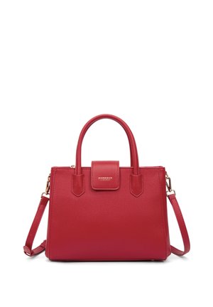 Red handbag made of textured leather with dual top handles, detachable shoulder strap, and gold logo accent on a rectangular body.