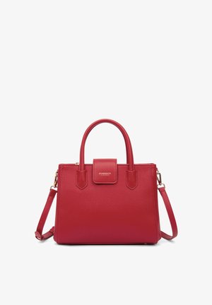 Red handbag made of textured leather with dual top handles, detachable shoulder strap, and gold logo accent on a rectangular body.