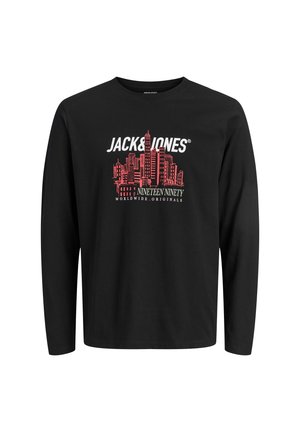 Juodas ilgarankovės marškiniai su raudonu miesto siluetu, ant kurio užrašyta "JACK & JONES" baltu tekstu ir žemiau esantis tekstas "Nineteen Ninety".