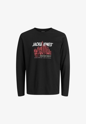 Juodas ilgarankovės marškiniai su raudonu miesto siluetu, ant kurio užrašyta "JACK & JONES" baltu tekstu ir žemiau esantis tekstas "Nineteen Ninety".
