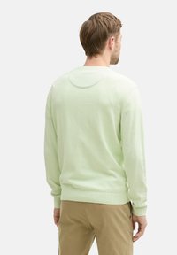 Lichtgroene pullover met een ronde halslijn, lange mouwen, geribbelde zoom en subtiele textuur, gedragen met kaki broek.