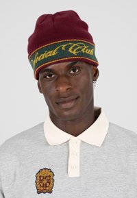 Bordeaux gebreide beanie met groene en gele letters, gecombineerd met een lichtgrijze polo met een embleem en een beige kraag.