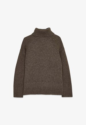 Brown knitted turtleneck sweater featuring a ribbed hem and cuffs, with a loose fit and textured fabric for added warmth.