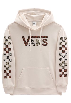 Bluza z kapturem Vans w kolorze kremowym z kieszenią z przodu, logo Vans z nadrukiem zwierzęcym na piersi oraz kratkowanymi wzorami w zwierzęce motywy na obu rękawach.