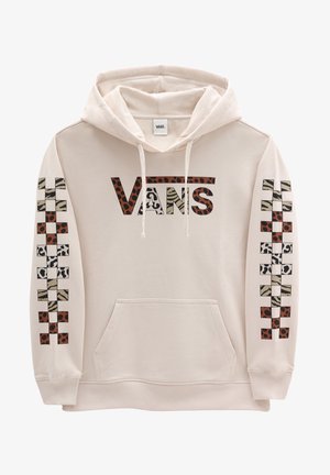 Sudadera con capucha Vans de color crema con bolsillo frontal, logo Vans con estampado animal en el pecho y patrones a cuadros con estampado animal en ambas mangas.
