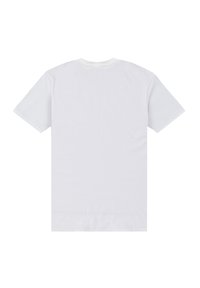 Bílý bavlněný tričko s krátkými rukávy, kulatým výstřihem a hladkým, plochým povrchem. Na zadní straně nejsou viditelné žádné grafiky ani vzory.