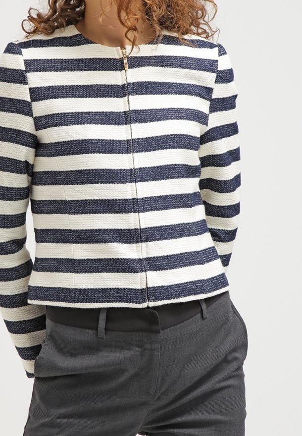 Modrá a bílá proužkovaná bunda s texturovanou látkou, kulatým výstřihem a předním zipem. Kombinováno s tmavě šedými kalhotami.