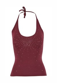 Top halter in borgogna realizzato in tessuto morbido, con un design a farfalla impreziosito da strass e un fiocco al collo.