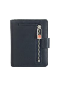 Navy leather wallet with a zippered compartment, a front card slot, and a snap closure. Features silver hardware and visible stitching details.
