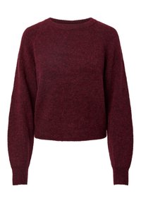 Pull en maille douce à manches longues, de couleur bordeaux foncé, avec un col rond et des poignets et un bas côtelés.
