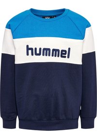 Felpa blu e bianca con accenti blu navy, caratterizzata da un collo rotondo e polsini a costine. Il marchio "hummel" è ricamato sul davanti.