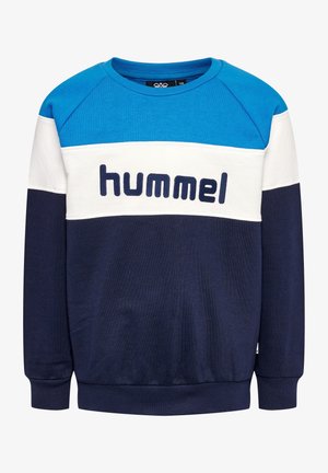 Blau-weißes Sweatshirt mit marinefarbenen Akzenten, das einen runden Ausschnitt und gerippte Bündchen hat. Die Marke "hummel" ist auf der Vorderseite gestickt.