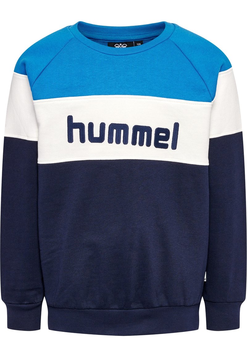 Felpa blu e bianca con accenti blu navy, caratterizzata da un collo rotondo e polsini a costine. Il marchio "hummel" è ricamato sul davanti.