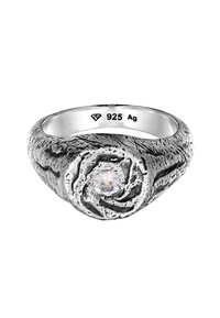 Silverring med en texturerad rosdesign, prydd med en central klar ädelsten, stämplad med "925 Ag" för silverrenhet.