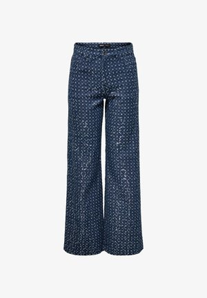 Helleblauwe, weit geschnittene Hose mit silbernen Paillettenpunkten, vorderem Knopf und Gürtelschlaufen.