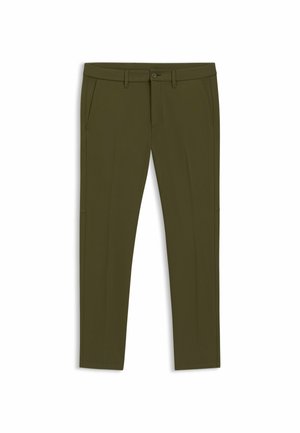 Pantalons vert olive fabriqués à partir d'un tissu lisse. Dotés de deux poches latérales et d'une fermeture à bouton. Design ajusté avec des jambes droites.