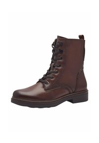 Bottines en cuir marron à bout rond, avec un laçage à l'avant et une languette. Présente des détails de couture et un petit talon bloc.