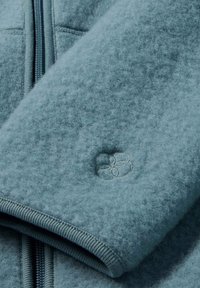 Giacca in fleece di colore azzurro chiaro. Presenta una texture liscia, chiusura con zip e polsini a costine. Visibile un notevole dettaglio del logo ricamato sul tessuto.