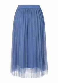 Vaaleansininen tüllihame, jossa on kapea vyötärönauha, kerroksellinen muotoilu ja läpikuultava pinta, ja se ulottuu puoliväliin pohjetta.