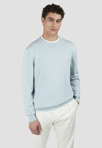 Maglione a maglia azzurro chiaro con maniche lunghe e scollatura rotonda, abbinato a pantaloni bianchi. Texture liscia, senza motivi o dettagli visibili.