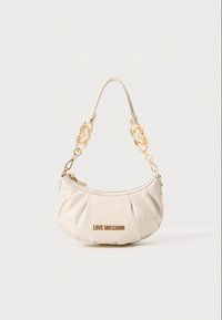 Small white Love Moschino handbag with gold chain accents on the strap and a zip closure at the top.