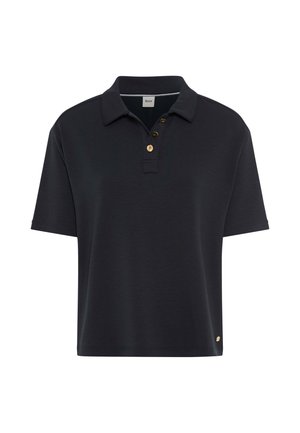 Polo noir à manches courtes avec col et trois boutons marron, présentant un petit emblème doré près de l'ourlet.