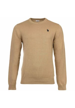 Maglione beige a maniche lunghe con girocollo, con polsini e orlo a coste, caratterizzato da un piccolo logo di un cavallo e cavaliere scuri sul lato sinistro del petto.